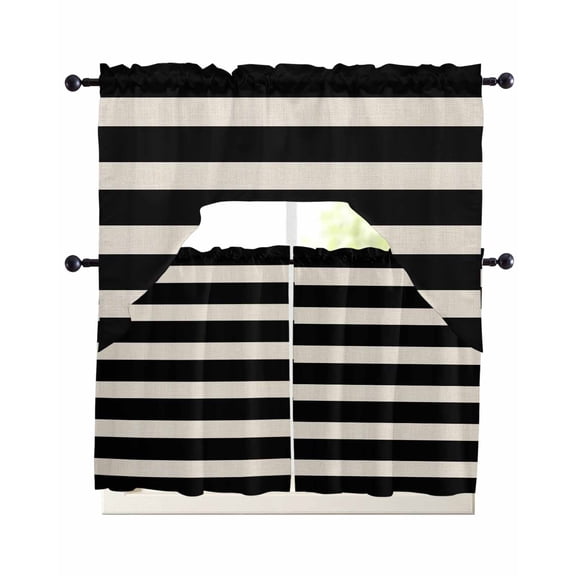 Black Beige Striped Kitchen Curtains Sets 24 Inch Length with Valance, Vintage Geometric Line Simple Swag Valances and Tiers Curtain Set Drapes Swag Curtains for Living Room, Bathroom, Bedroom, Cafe