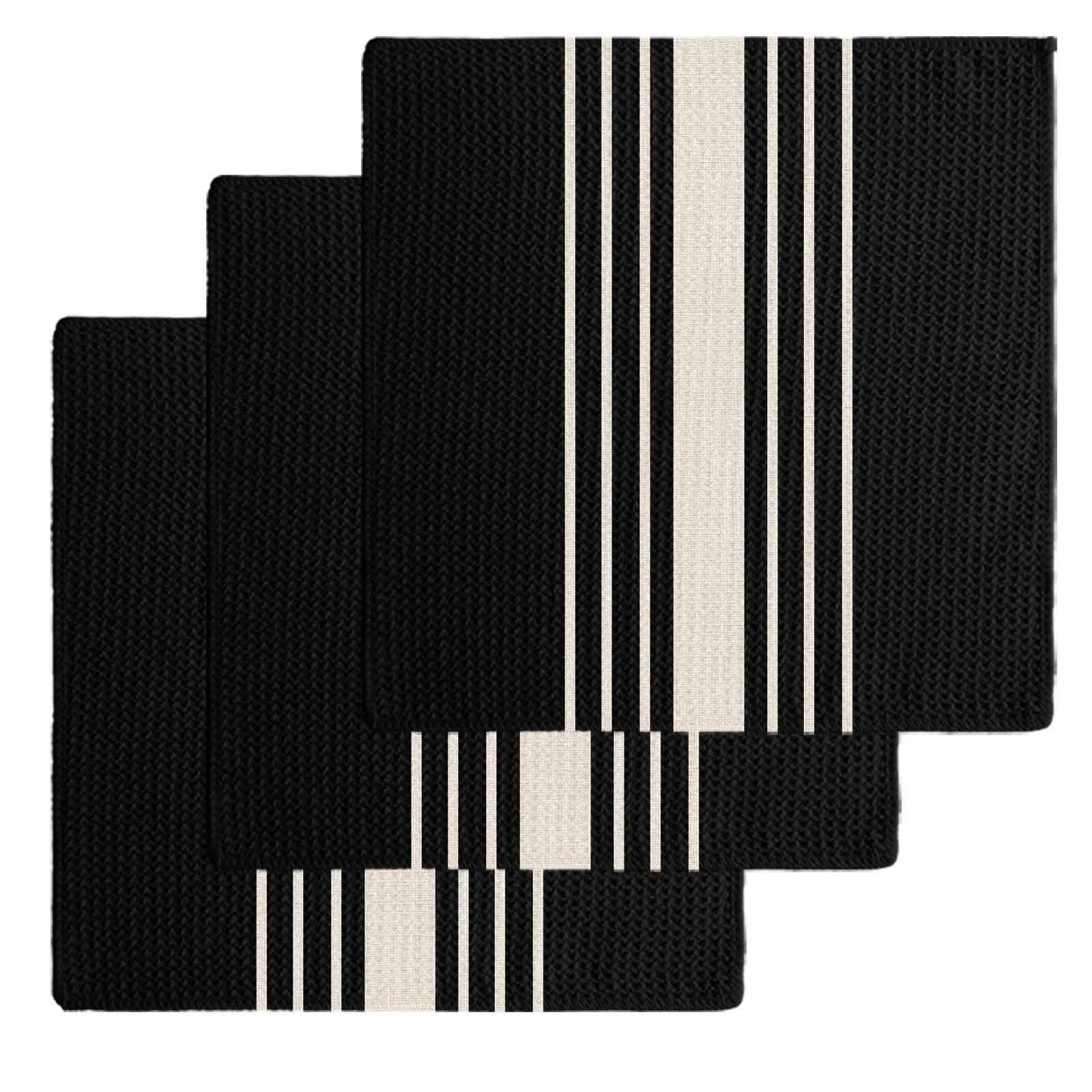 Black Beige Striped Kitchen Dish Towels for Drying Dishes Set of 3, Modern Farmhouse Retro Lines Waffle Weave Microfiber Hand Tea Bathroom Towels Quick Dry & Absorbent Towel 12x12