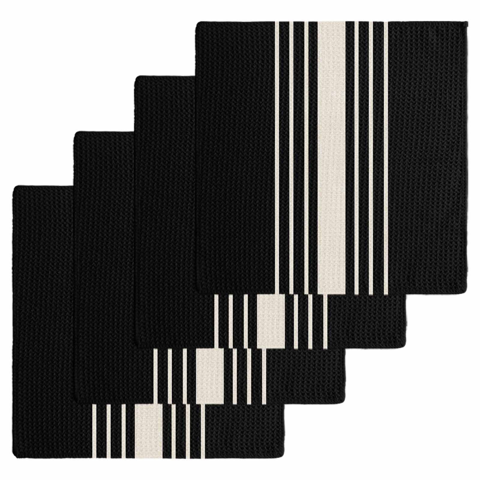 Black Beige Striped Kitchen Dish Towels for Drying Dishes Set of 4, Modern Farmhouse Retro Lines Waffle Weave Microfiber Hand Tea Bathroom Towels Quick Dry & Absorbent Towel 12x12