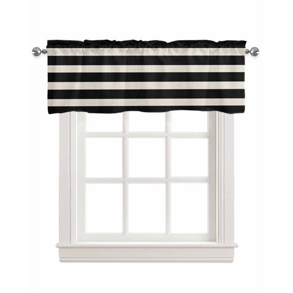 Black Beige Striped Kitchen Valances for Windows Farmhouse Linen Window Valance Curtain for Living Room Window Treatment Vintage Geometric Line Simple Valance Rod Pocket Topper Drape, 54 x 18 Inch