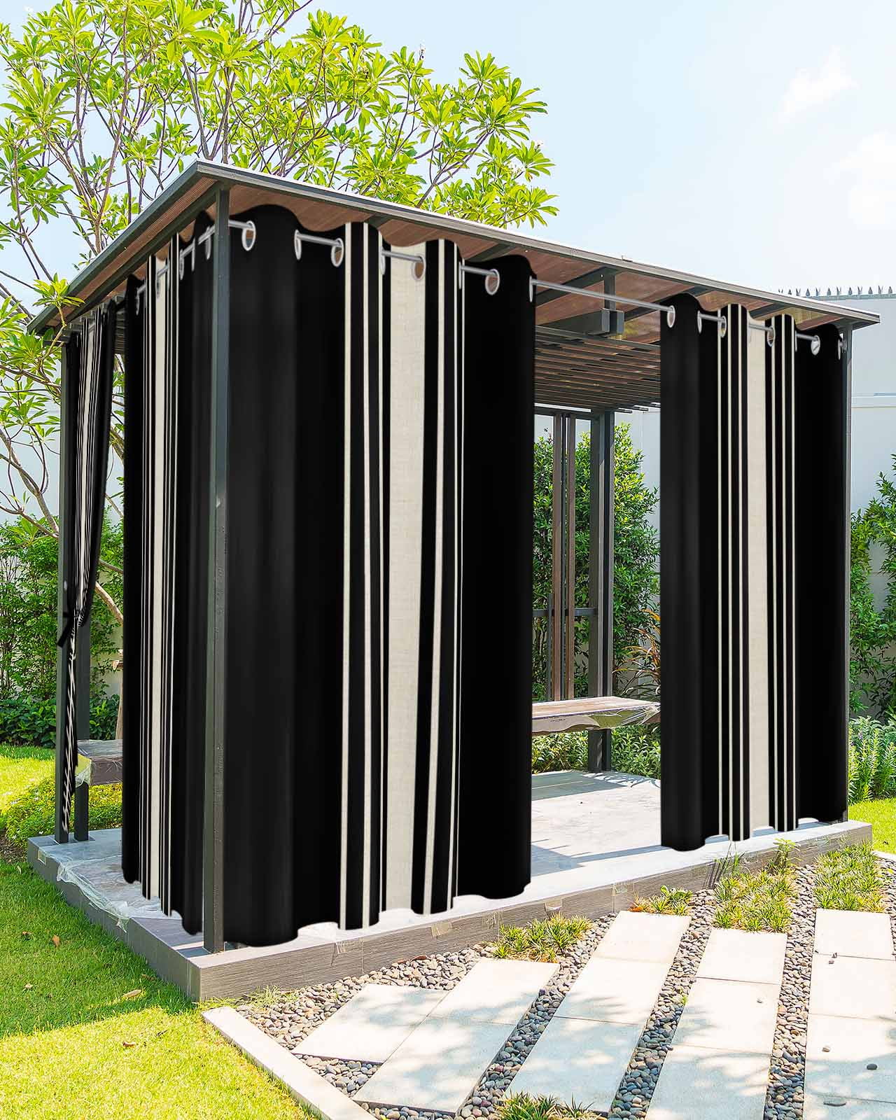 Black Beige Striped Outdoor Curtains for Patio, Modern Farmhouse Retro Lines Privacy Drapes Grommet Waterproof Outside Curtains for Porch/Cabana/Balcony 54"x 108", 1 Panel