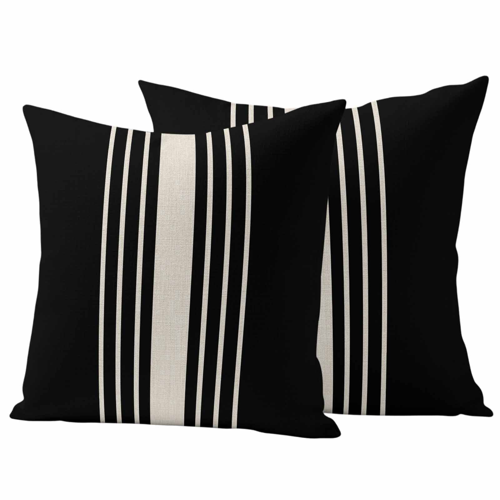 Black Beige Striped Outdoor Pillow Covers, Waterproof Decorative Throw Pillowcases Set of 2, Modern Farmhouse Retro Lines Couch Cushion Cases with Zipper for Outside Patio Garden Sofa 16"x16"