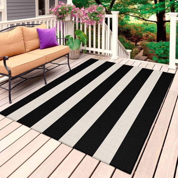 Black Beige Striped Outdoor Rug for Patio/Deck/Porch, Non-Slip Large Area Rug 4 x 6 Ft, Vintage Geometric Line Simple Indoor Outdoor Rugs Washable Area Rugs, Reversible Camping Rug Carpet Runner