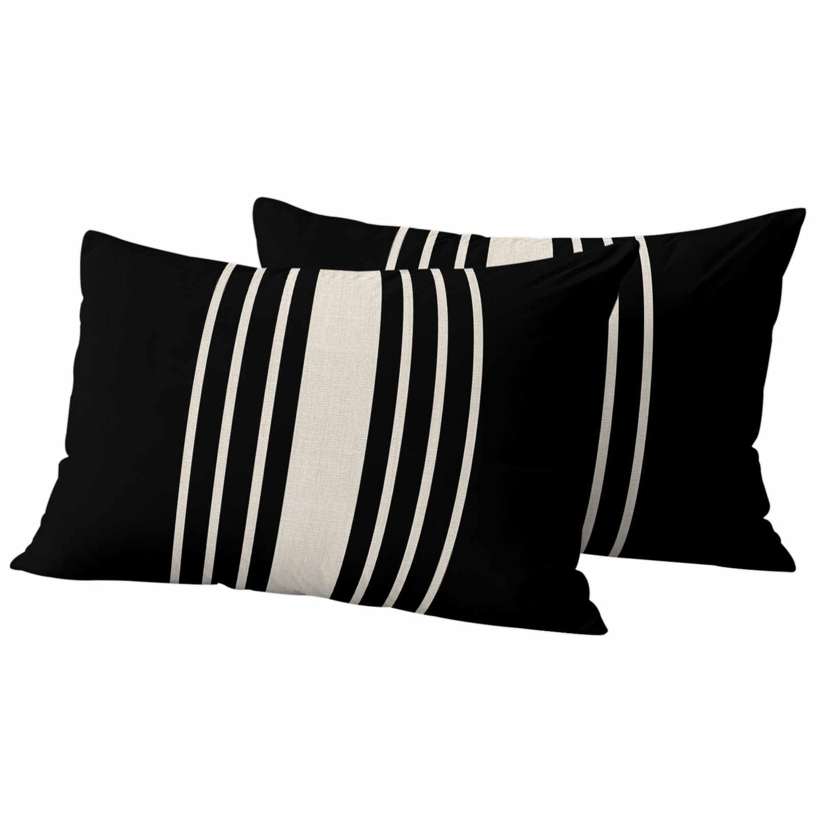 Black Beige Striped Outdoor Waterproof Pillow Covers, Modern Farmhouse Retro Lines Decorative Rectangle Throw Pillowcase Sofa Cushion Sham for Patio/Couch/Chair, 20"x12" 2 Pack