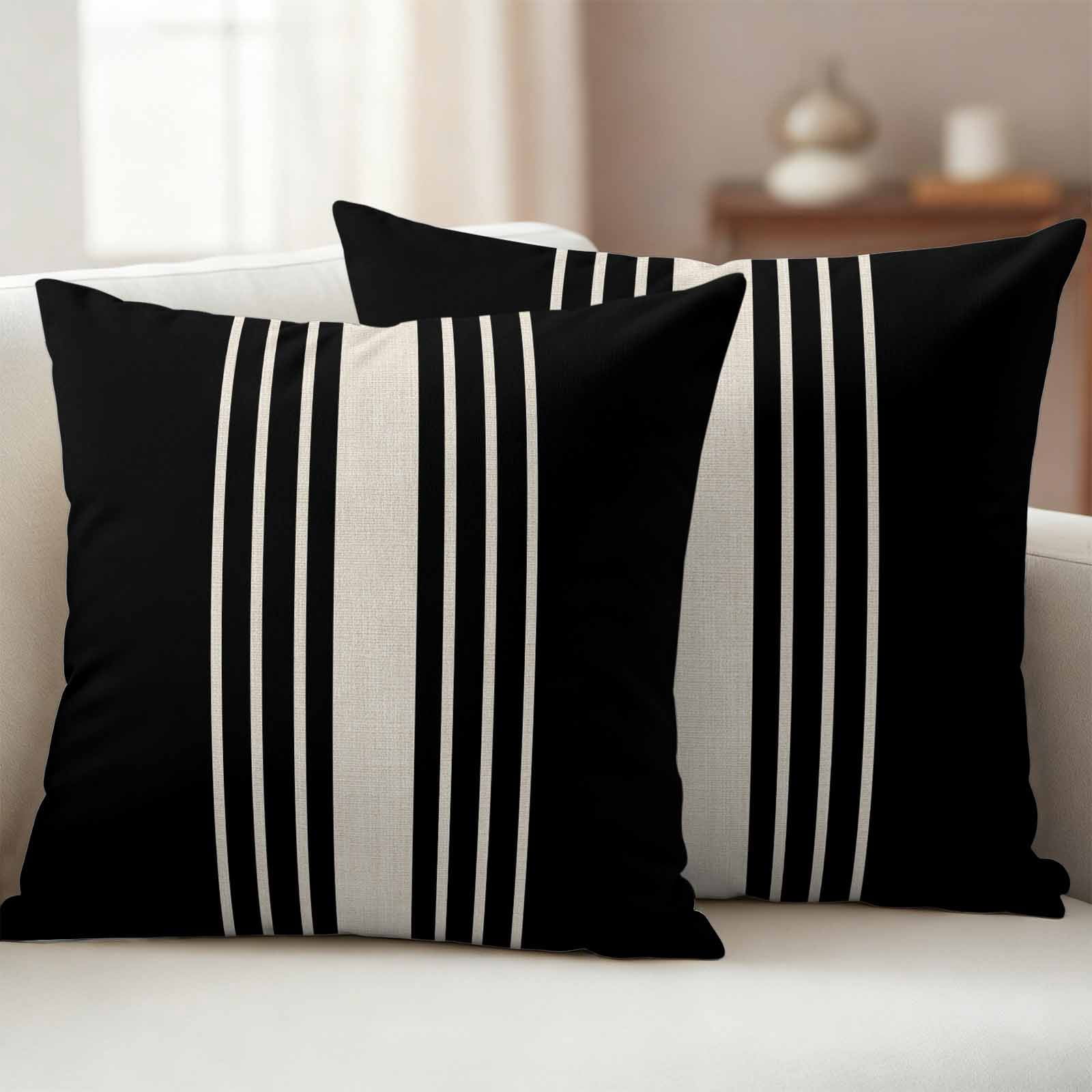 Black Beige Striped Outdoor Waterproof Throw Pillow Covers 16x16 Set of ...