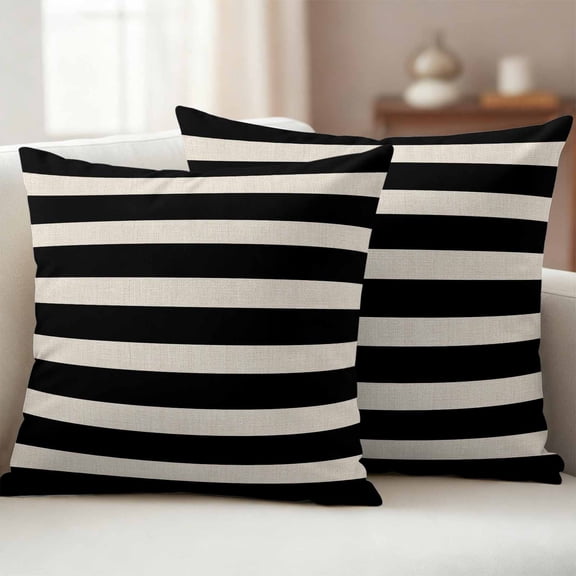 Black Beige Striped Outdoor Waterproof Throw Pillow Covers 16x16 Set of 2, Vintage Geometric Line Simple Decorative Pillowcases Cushion Pillowcase for Couch Sofa Patio Outside Pillow Protector