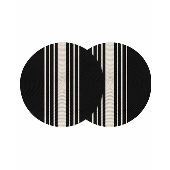 Black Beige Striped Round 13 Inch Placemats Set of 2, Modern Farmhouse Retro Lines HeatResistant Non Slip Place Mats for Dining Table, Wipeable Braided Kitchen Table Mats for Housewarming