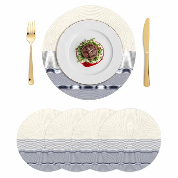 Black Beige Striped Round 13 Inch Placemats Set of 4, Farmhouse Stripes HeatResistant Non Slip Place Mats for Dining Table, Wipeable Braided Kitchen Table Mats for Housewarming