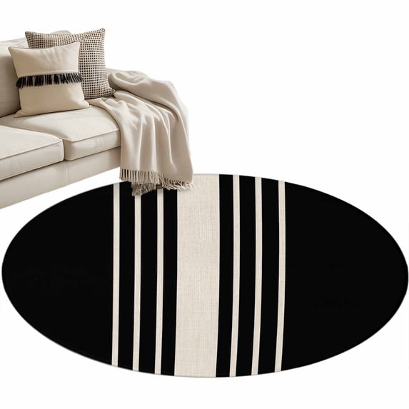 Black Beige Striped Round Rug 3.3ft Area Rug Washable Soft Non-Slip 3.3' Circle Low Pile Rugs Modern Farmhouse Retro Lines Carpet for Bedroom Living Room Entryway Home Office Dining Room