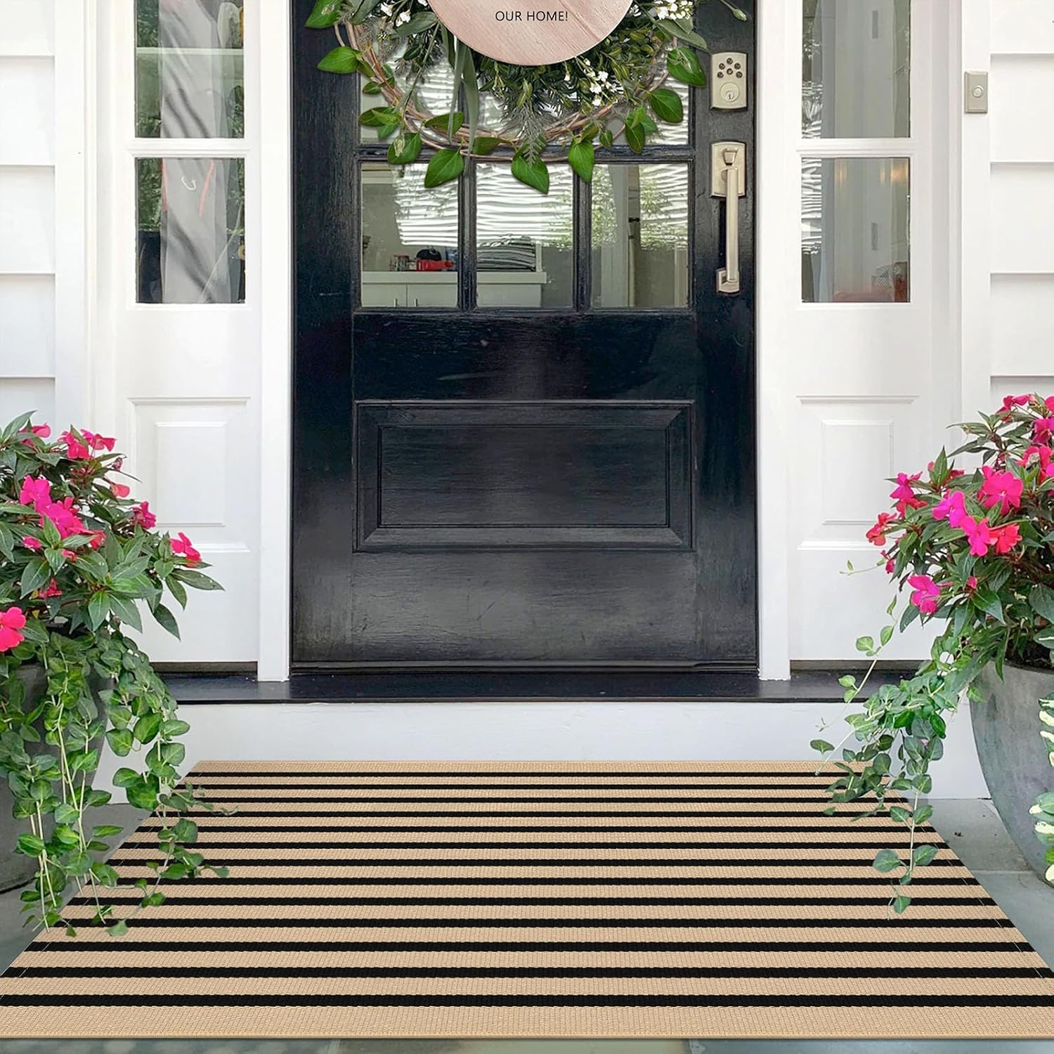 Target Front Door Rug Black Beige Striped Rug -3'x5' Front Door Rugs Outdoor, Washable Area ...