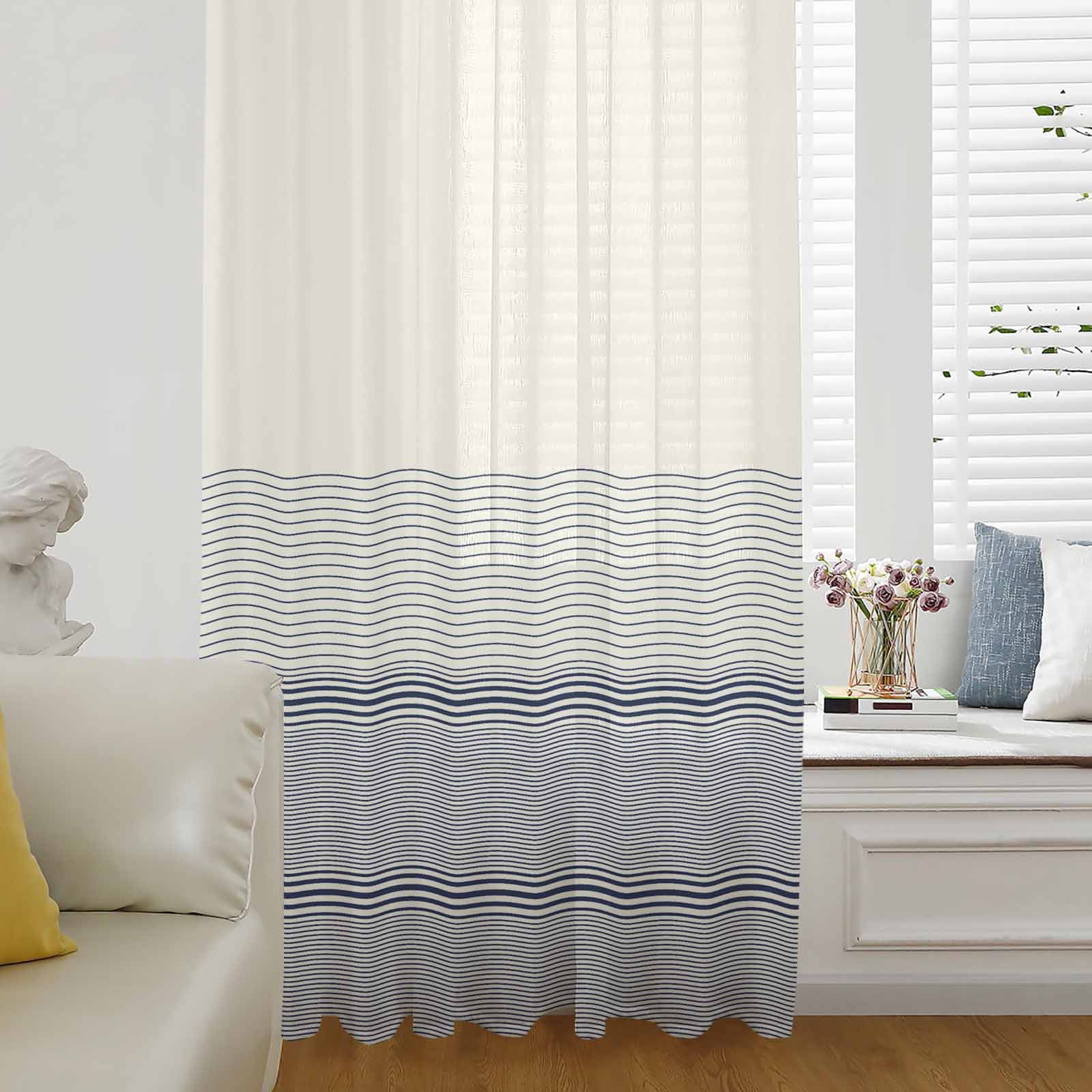Black Beige Striped Semi Sheer Curtains Drapes for Living Room, Bedroom