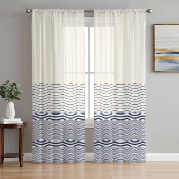 Black Beige Striped Sheer Curtains 96 Inch Length 2 Panels Set, Farmhouse Stripes Voile Window Treatment Semi Sheer Long Curtains Drapes for Bedroom/Living Room/Kitchen 52"x96"x2