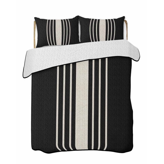 Black Beige Striped Summer Quilt Set Queen Size, Soft Microfiber Quilted Bedding Set with 2 Pillow Shams, Modern Farmhouse Retro Lines Lightweight All Season Bedspread Coverlet for Bedroom 90"x96"