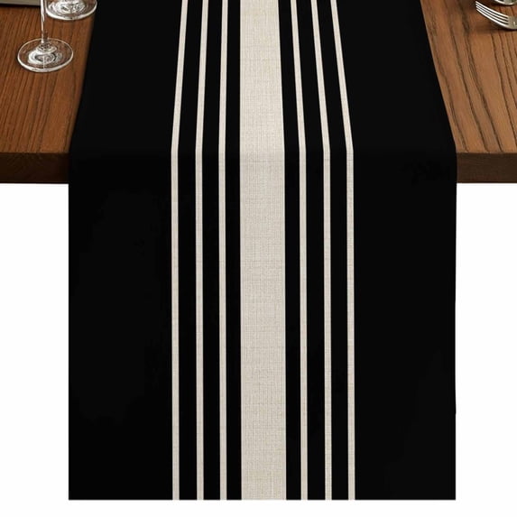 Black Beige Striped Table Runner 108 Inches Long,Modern Farmhouse Retro Lines Cotton Linen Table Runners Dresser Scarves,Decorative Tabletop Scarf Furniture Cover for Home Dinner Party 13"x108"
