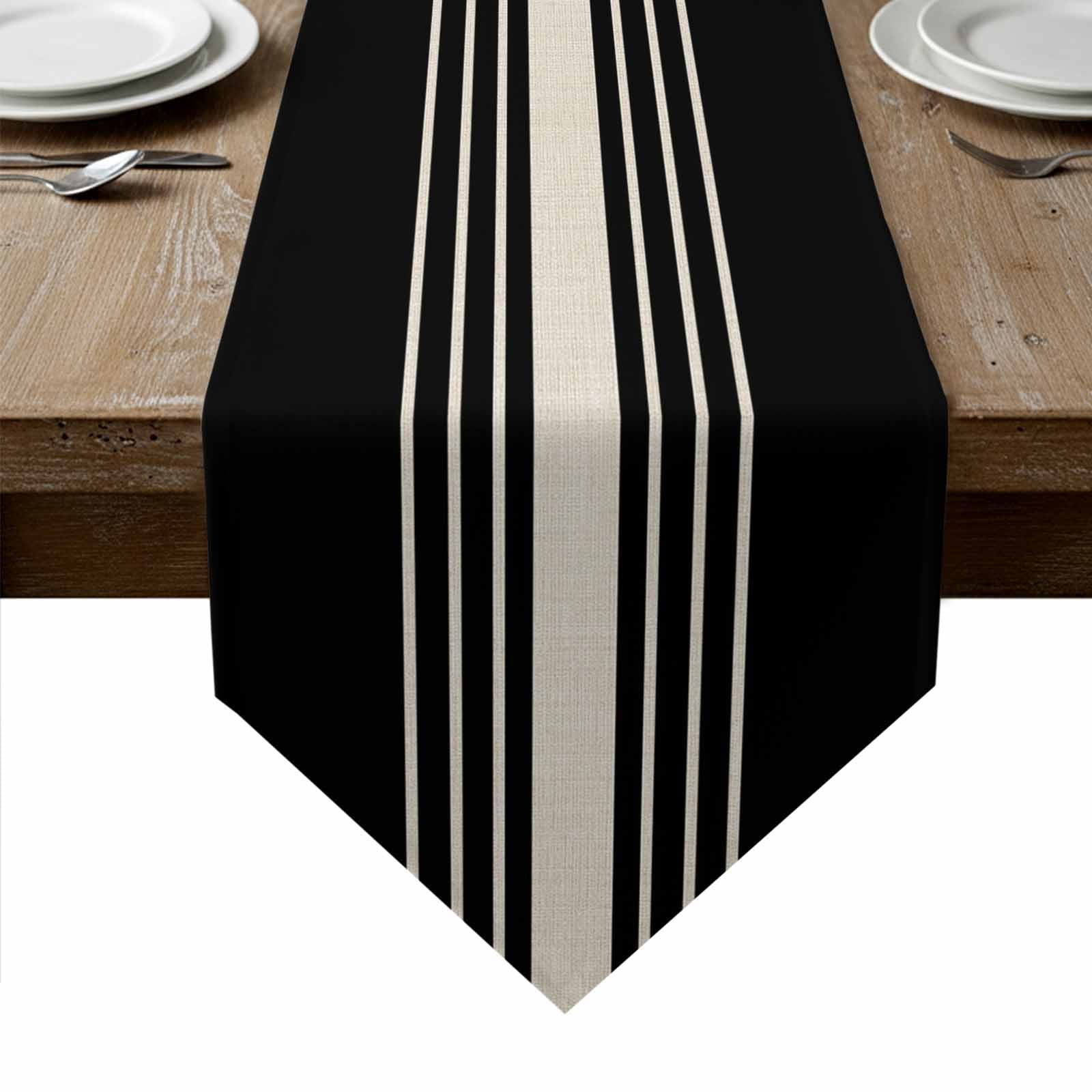 Black Beige Striped Table Runner Linen Burlap Table Runner 72 Inches Long Modern Farmhouse Retro Lines Dresser Scarves for Kitchen Island Coffee Dining Room Party Holiday Decoration 18"x72"