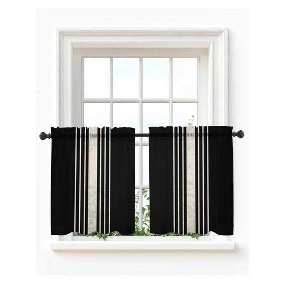 Black Beige Striped Tier Curtains 36 Inch Length,Sheer Curtains for Bedroom Living Room Window Modern Farmhouse Retro Lines Rod Pocket Drapes Kitchen Curtains Small Half Window 27.5"x36" 2 Panels