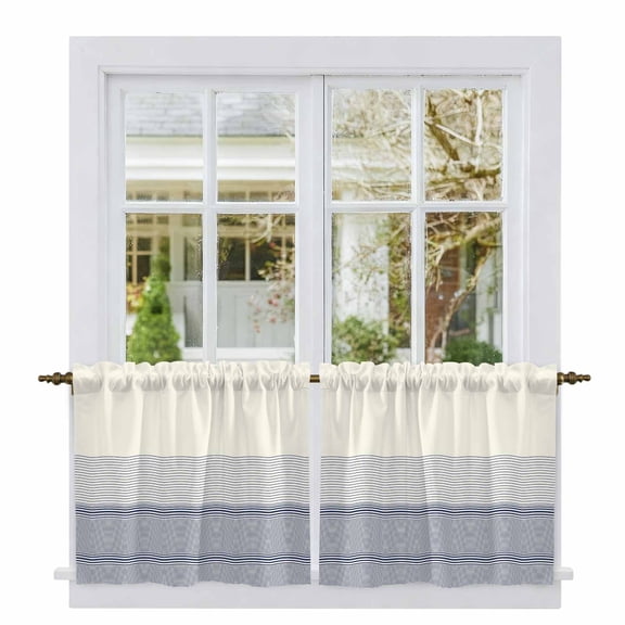 Black Beige Striped Tier Curtains, Farmhouse Stripes Light Filtering Kitchen Curtains, 2Pcs Rod Pocket Half Window Treatments Panels for Sink Cafe Cabinet Camper 27.5x36 Inches