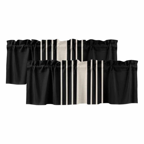 Black Beige Striped Valances for Windows, Modern Farmhouse Retro Lines Light Filtering Kitchen Curtains, Rod Pocket Window Valance Curtains for Living Room Bedroom, 42" W x 12" L, 2 Panels