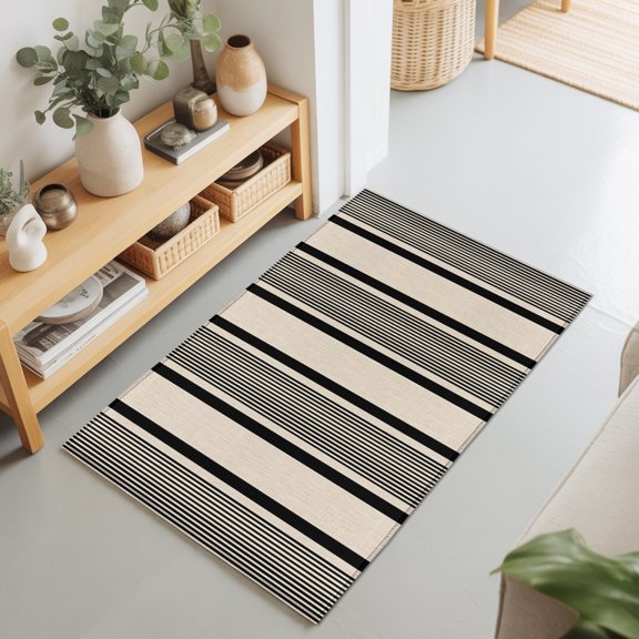 Black Beige Stripes 2'x3' Rug for Entryway Front Door Kitchen Sink Area, Lines Modern Vertical Stripes Low Pile Washable Non Slip Rectangle Area Rug