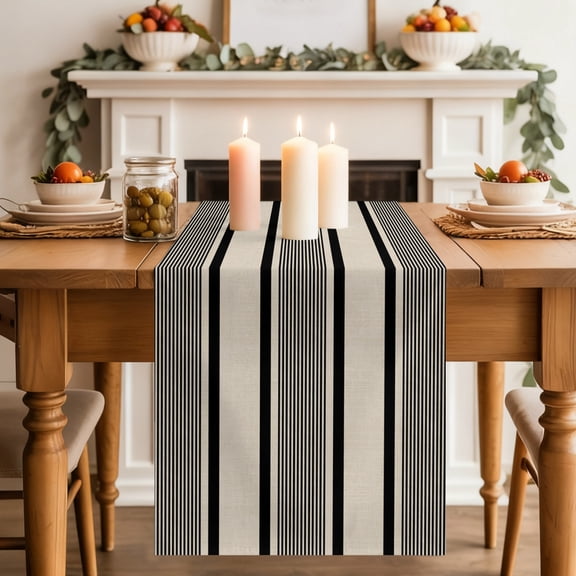 Black Beige Stripes Dining Table Runner, Lines Modern Vertical Stripes Washable Table Runners Kitchen Coffee Table Center Decor for Home Party Holiday Wedding 13 x 60 Inches