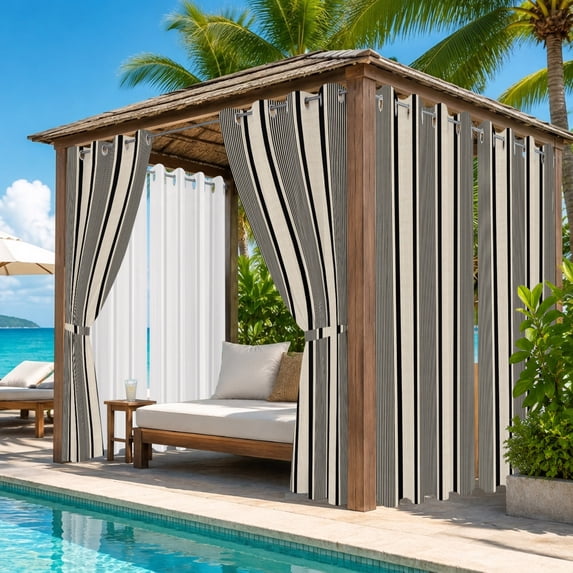 Black Beige Stripes Outdoor Curtains for Patio, Lines Modern Vertical Stripes Waterproof Outside Curtains Privacy Blackout Curtain for Porch Pergola Cabana, 1 Panel 54W x 95L Inch