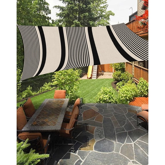 Black Beige Stripes Sun Shade Sail 6.5'X10' Lines Modern Vertical Stripes UV Block Outdoor Sail Shades Breathable Waterproof Rectangular Sunshade for Patio Garden Pool Pergola Porch