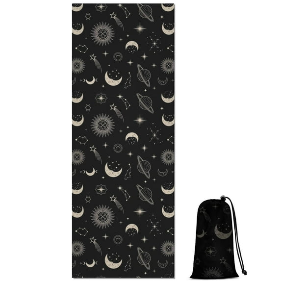 Black Beige Sun Moon Star Planet Pattern Hot Yoga Mat Towel Non Slip for Hot Yoga - Quick-Drying Yoga Mat Cover with 4 Corner Pockets with Travel Bag - Hot Yoga Towel Non Slip 70"x26"