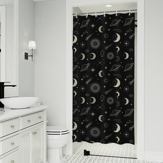 Black Beige Sun Moon Star Planet Pattern Shower Curtain 36"x72" ,Bathroom Decorative Shower Curtains Set with 12 Hooks,Modern Waterproof Washable Shower Curtain