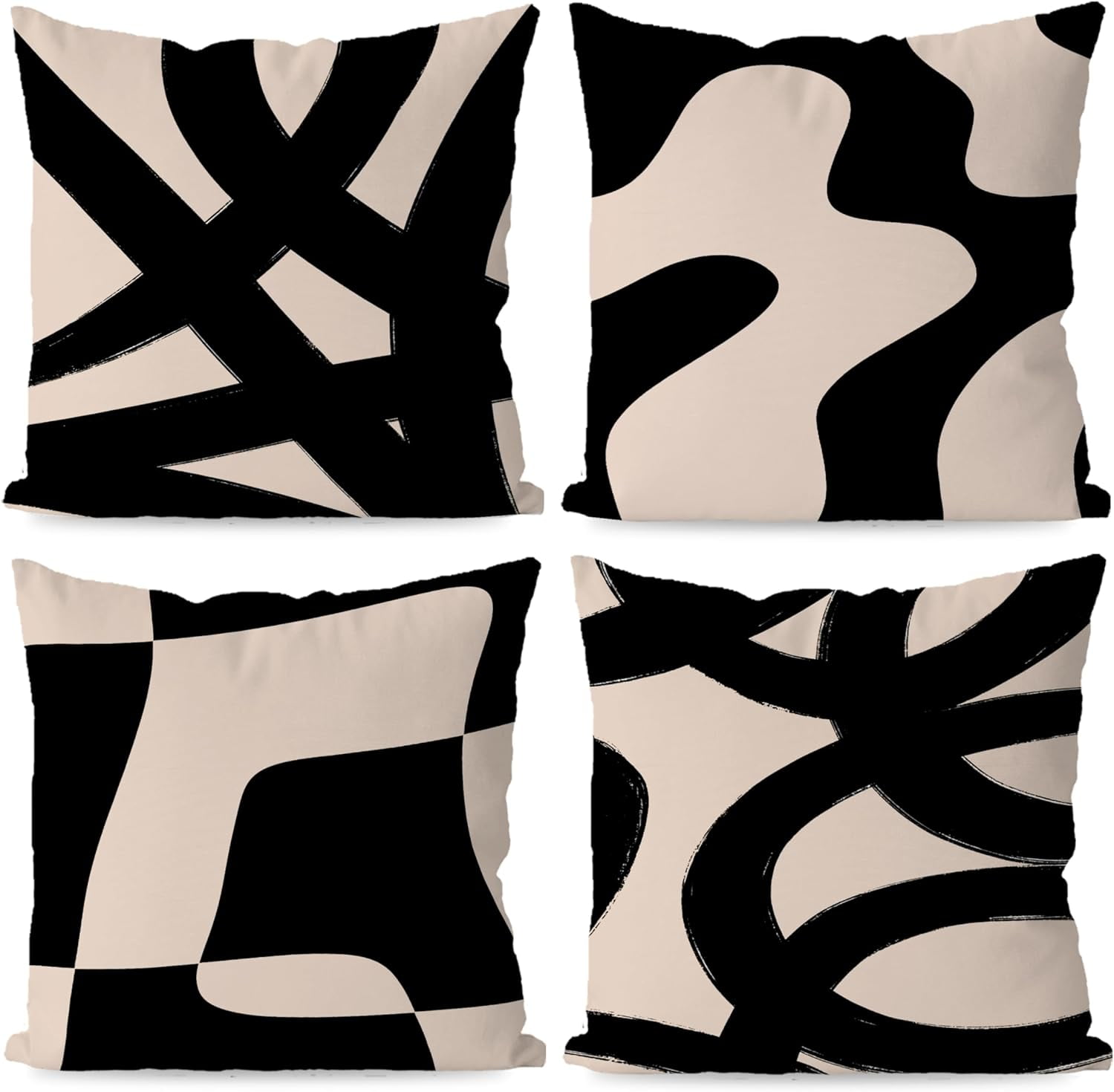 Black and Beige Throw Pillow Covers, Black Throw Pillow Covers for Couch, Black Boho Pillow Covers 18 x 18 Set of 4, Modern Abstract Decorative Couch Pillow Covers for Living Room
