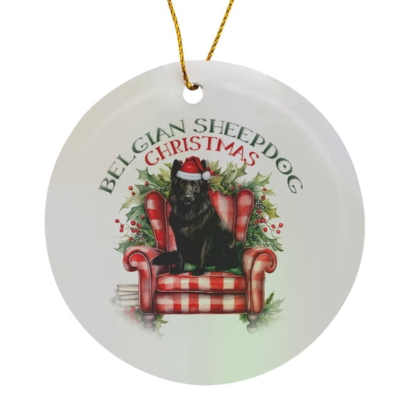 3drose, Black Belgian Sheepdog in a Red Holiday Chair for Christmas, Circle Porcelain Ornament