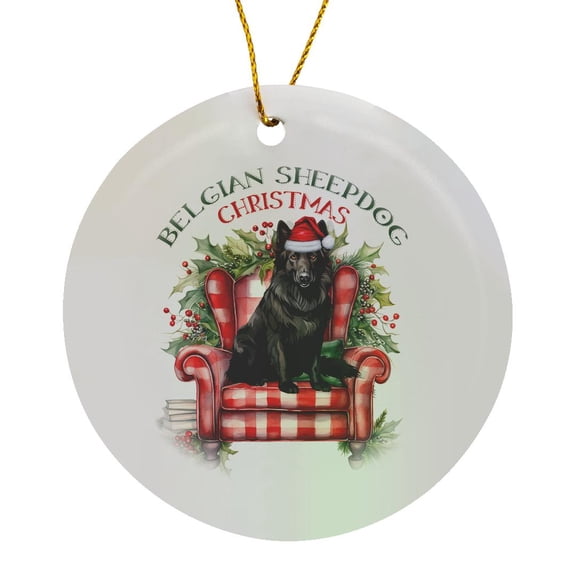 3drose, Black Belgian Sheepdog Waiting for Santa on a Red Chair Christmas, Circle Porcelain Ornament