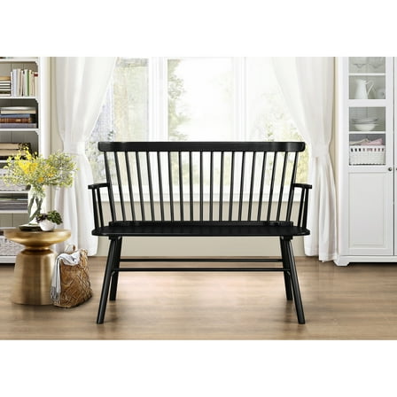 Black Bench With Spindle Back And Construction Style Wooden Feature