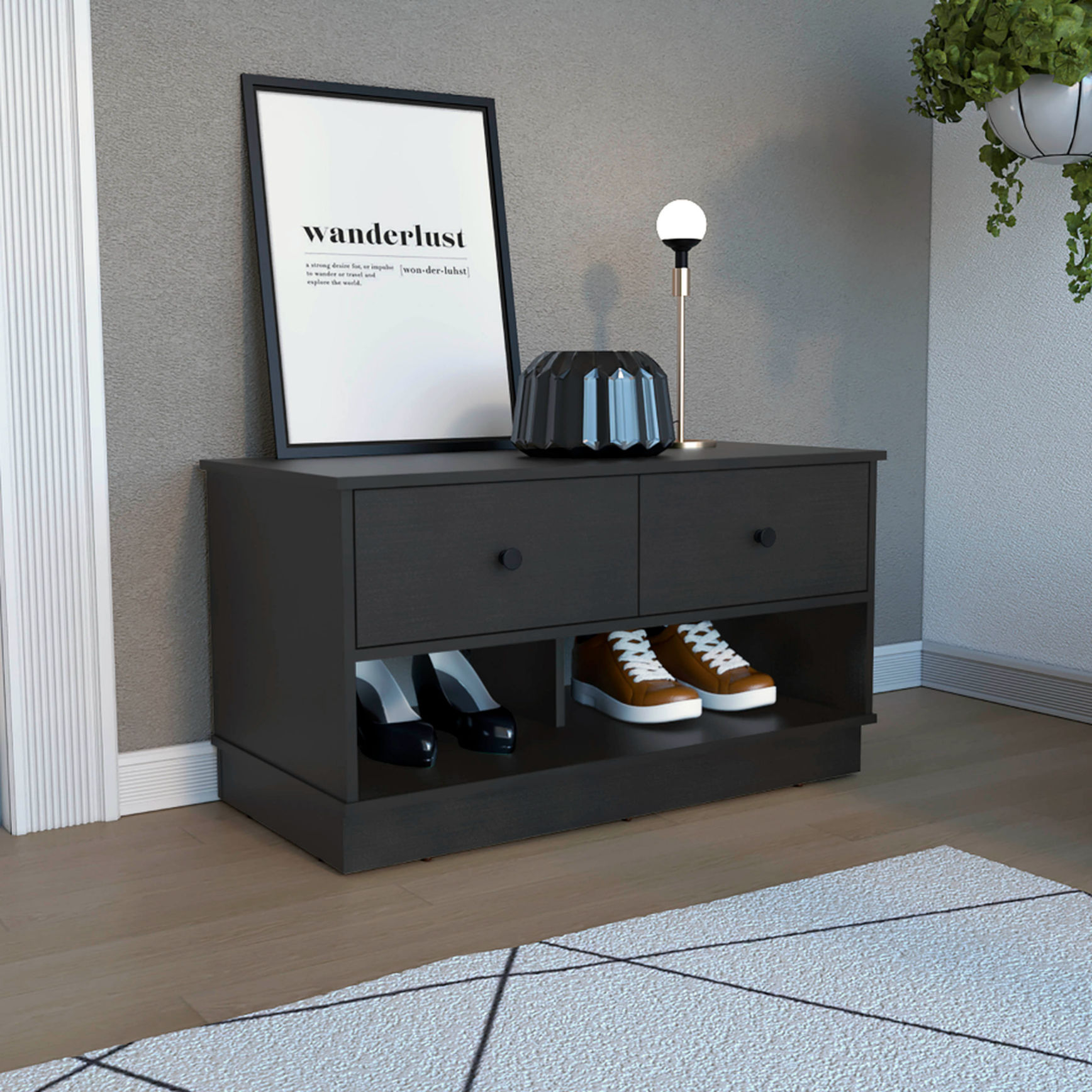 Black Bench with Metal Rails - Bedroom Modern Storage Solution ...