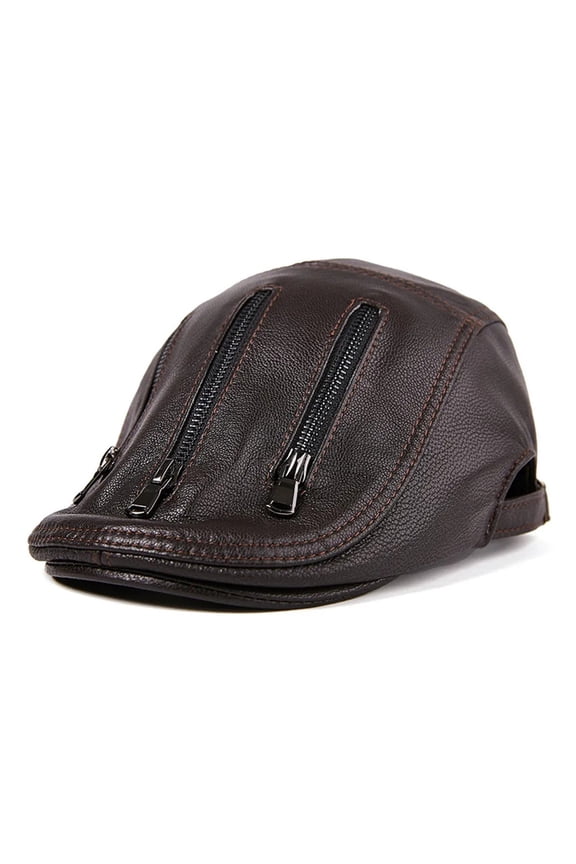Black Berets For Men Leather Flat Caps Male Adjustable Ivy Cap Zipper Genuine Sheepskin Leather Italian Duckbill Hats ,Beautiful Craftsmanship
