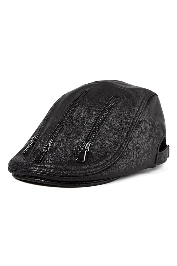 Black Berets For Men Leather Flat Caps Male Adjustable Ivy Cap Zipper Genuine Sheepskin Leather Italian Duckbill Hats ,Classic Vintage