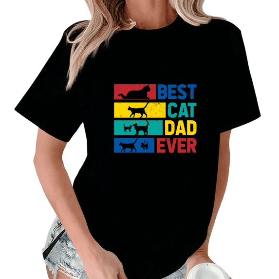 Black Best Cat Dad Ever Colorful Striped Cat Family Tshirt Graphic Tees Shirts Holiday Gift Feline Parent Classic S-5XL Tops