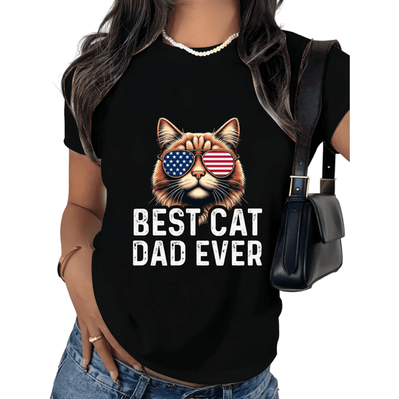 Black Best Cat Dad Ever Patriotic Cat Tshirt Graphic Tees Shirts 4th of July Cat Lover Casual S-5XL Tops