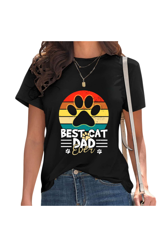 Black Best Cat Dad Ever Retro Sunset Cat Paw Print Tshirt Graphic Tees Shirts Cat Dad Pet Lover Casual Short Sleeve Tops S-5XL