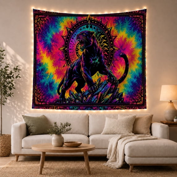 Black Big Cat on Crystals with Sun Mandala, Dramatic Psychedelic Style for Wildlife Lovers, Psychedelic Wall Art Housewarming Gift, Tapestry Wall Hanging for Bedroom and Dorm