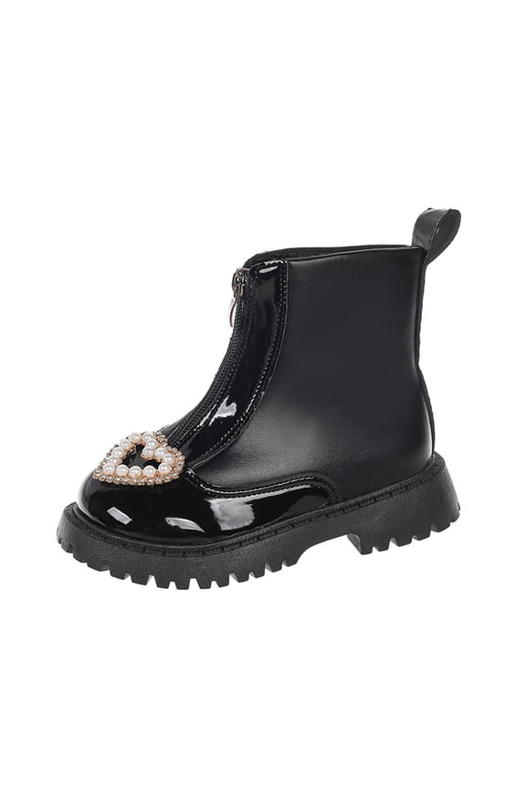 Black Big Kids Cozy Boots With Front Zipper And Heart Design Crafted From Long-Lasting Synthetic Leather