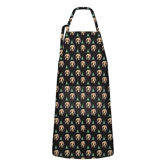 Black Bigfoot and Tree Pattern Apron-Garden Aprons for Women with Pockets-Cotton Linen Waterproof Kitchen Cooking Gardening Aprons Adjustable for Kitchen,Cooking,BBQ and Salon 33x27 Inch