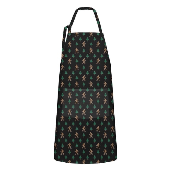 Black Bigfoot and Tree Pattern Apron-Garden Aprons for Women with Pockets-Cotton Linen Waterproof Kitchen Cooking Gardening Aprons Adjustable for Kitchen,Cooking,BBQ and Salon 33x27 Inch