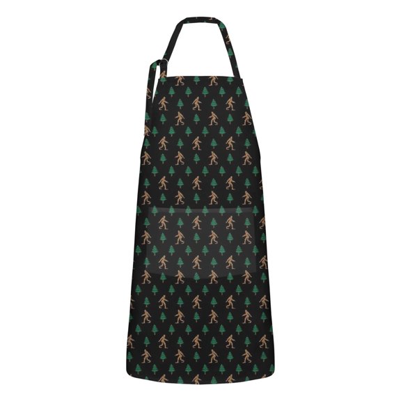 Black Bigfoot and Tree Pattern Apron-Garden Aprons for Women with Pockets-Cotton Linen Waterproof Kitchen Cooking Gardening Aprons Adjustable for Kitchen,Cooking,BBQ and Salon 33x27 Inch