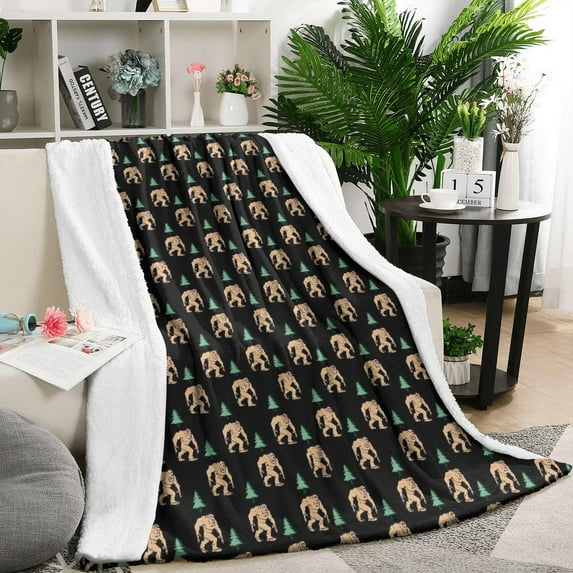 Black Bigfoot and Tree Pattern Blanket,Comfortable Soft Flannel Throw Blanket,All Season,Warm Lightweight Blankets for Sofa Bed Couch Living Room Chair,50"x60"