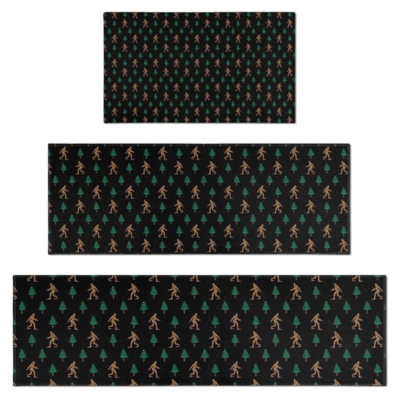 Black Bigfoot and Tree Pattern Kitchen Rugs Sets Of 3,Kitchen Runner Rugs Non Skid Washable,Decorative Kitchen Floor Mats for Kitchen,Sink,Laundry,17"x30"+ 17"x47" + 17"x59"