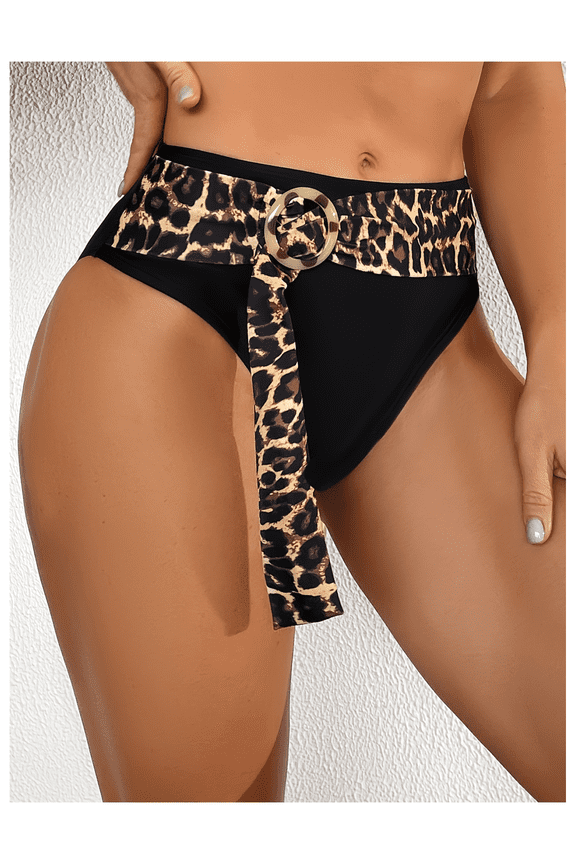 Black Bikini Bottom Leopard Belted High Waist Swimwear Women Fashion Beach Swimsuit Bottom Ruched Tummy Control Circle Buckle Bathing Suit