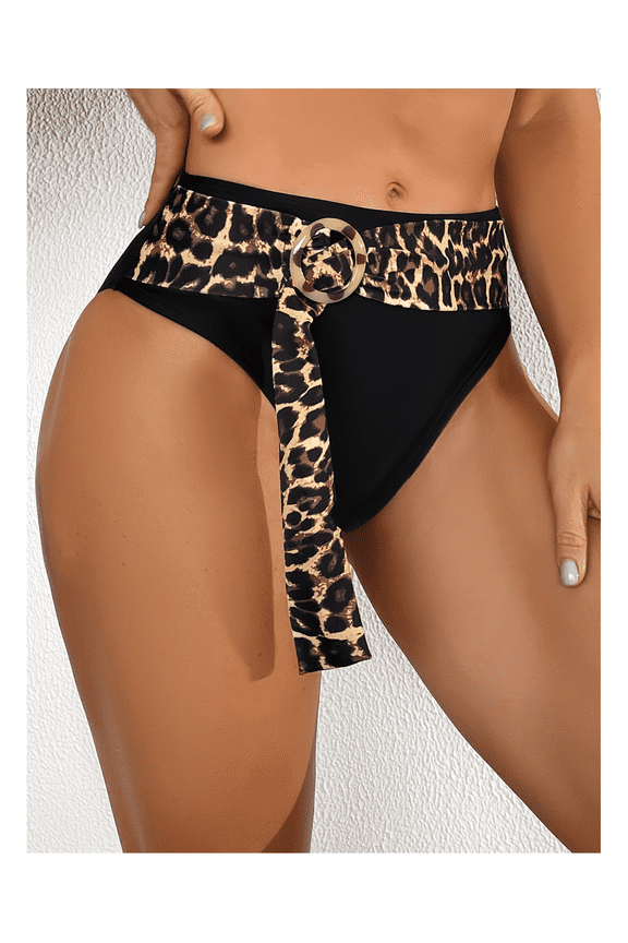 Black Bikini Bottom Leopard Print Belted High Waist Swimwear Women's Fashion Beach Swim Bottom Tropical Circle Buckle Detail Sexy Bathing Suit Bottom