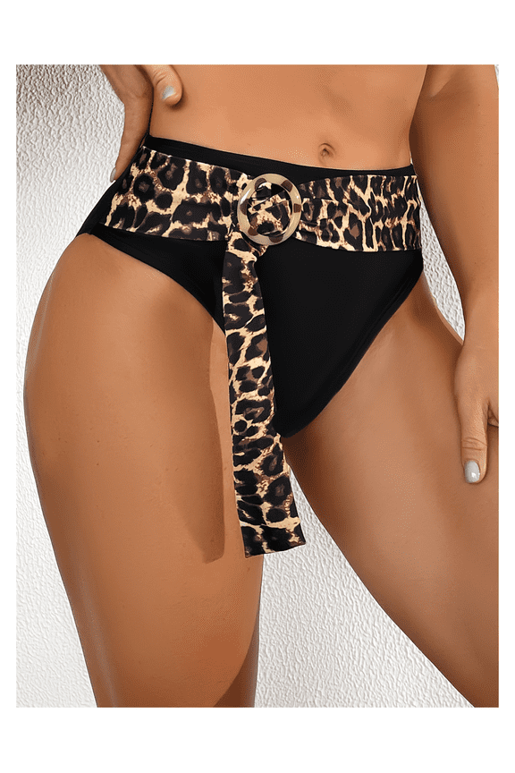 Black Bikini Bottom Leopard Print Belted High Waist Swimwear Women's Fashion Beach Swimsuit Bottom Circle Buckle Detail Sexy Bathing Suit Bottoms