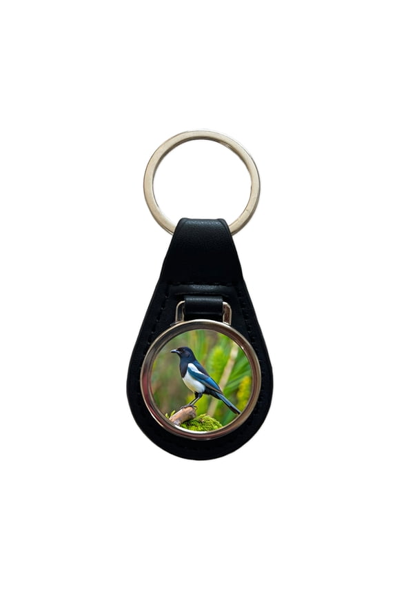 Black Billed Magpie Backyard Bird Metal Black Leather Keychain