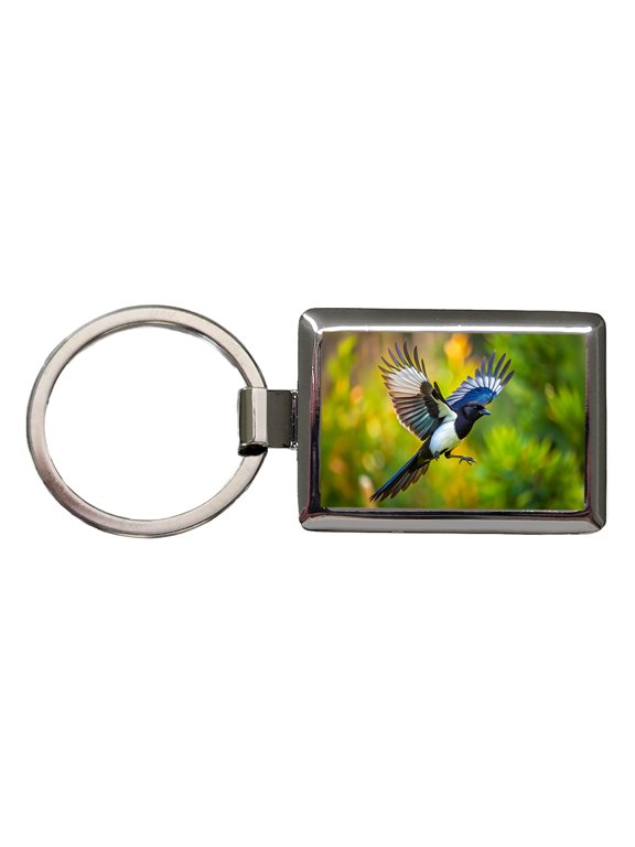 Black Billed Magpie Flying Backyard Bird Metal Rectangle Keychain